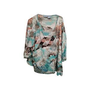 Liz & Me Top 2X Top Boho Hexagonal Floral Patten Pullover Blouse 3/4 Length...